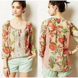 Anthropologie Meadow Rue Roselle Sheer Floral Peasant Boho Flowy Blouse Large